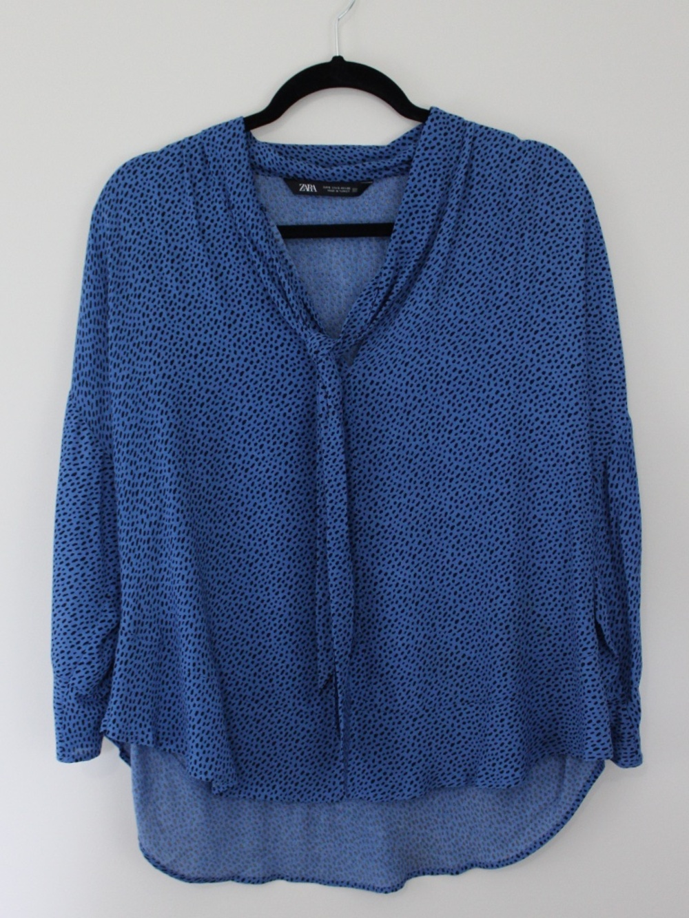 Zara Blue Dalmatian Spot Print Tie Neck Blouse Size Small